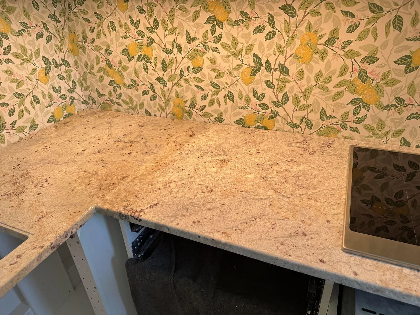 L-formad köksbänkskiva i matt Antique White granit med spishäll i ett kök i Göteborg.
