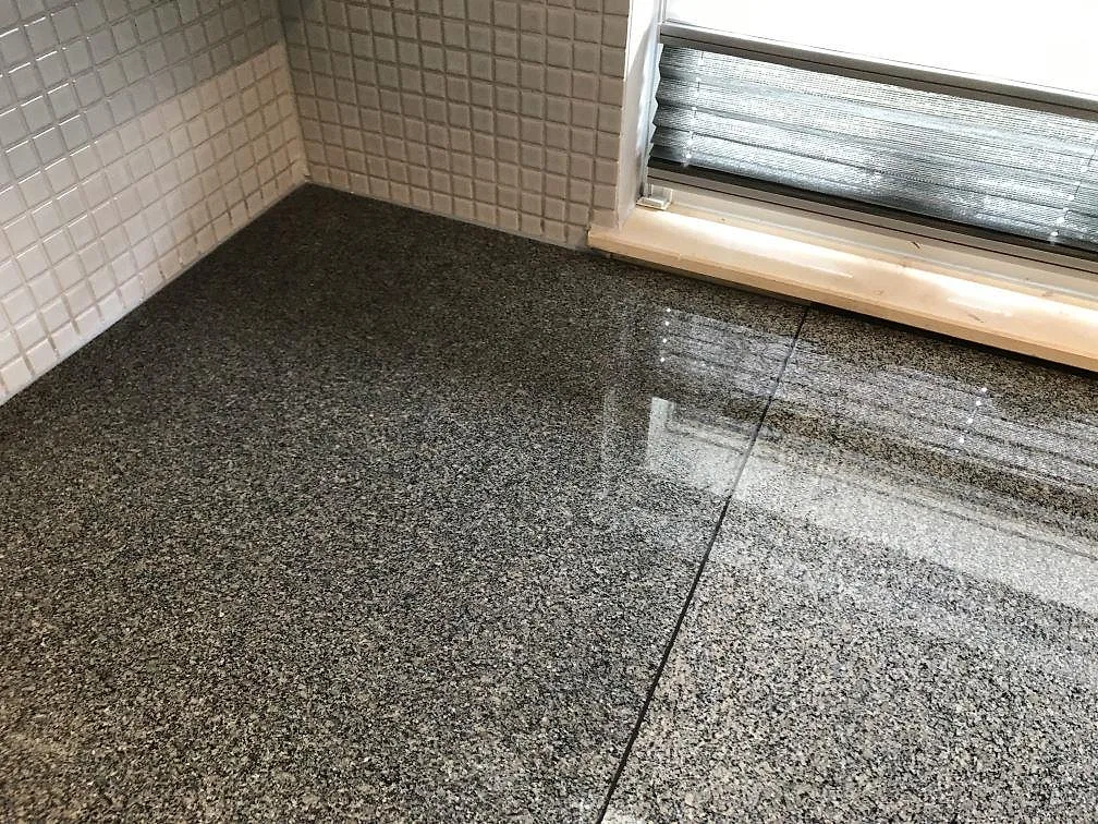 Polerad Bohus Grå granitbänkskiva med underlimmad rostfri diskho vid fönstret, med synlig grå kornighet, i ett kök i Malmö.