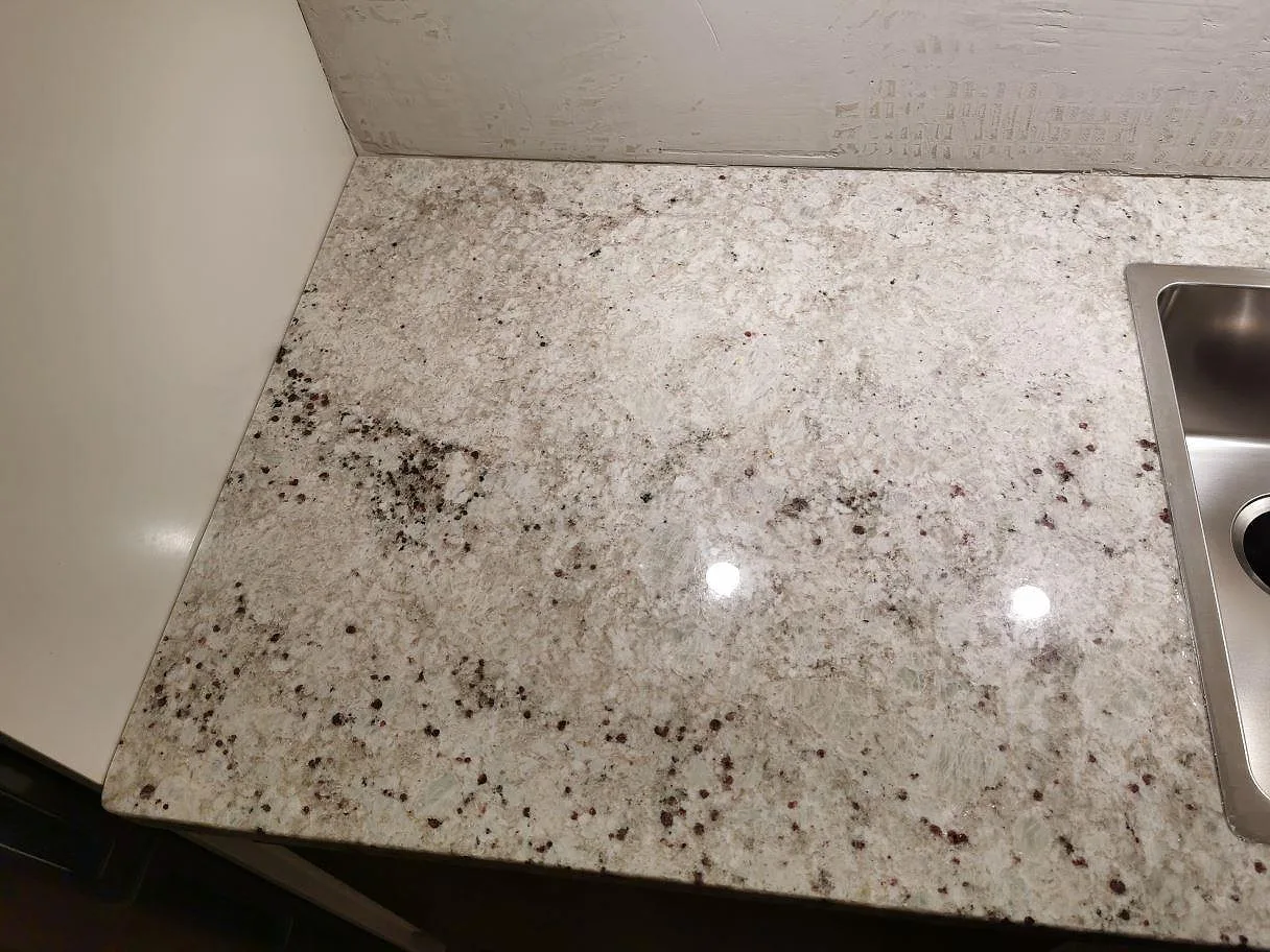Dubbel underlimmad rostfri diskho i nivå med en polerad Colonial White granitbänkskiva i ett kök i Lomma.