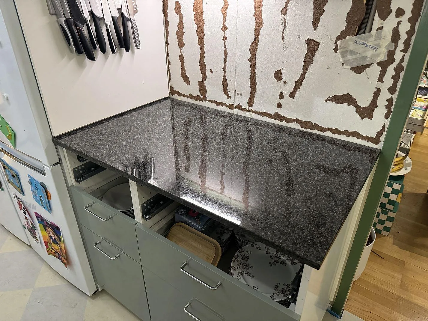 Polerad köksbänkskiva i Nero Africa granit vid kyl och gröna lådfronter, med blank spegling i Floda.