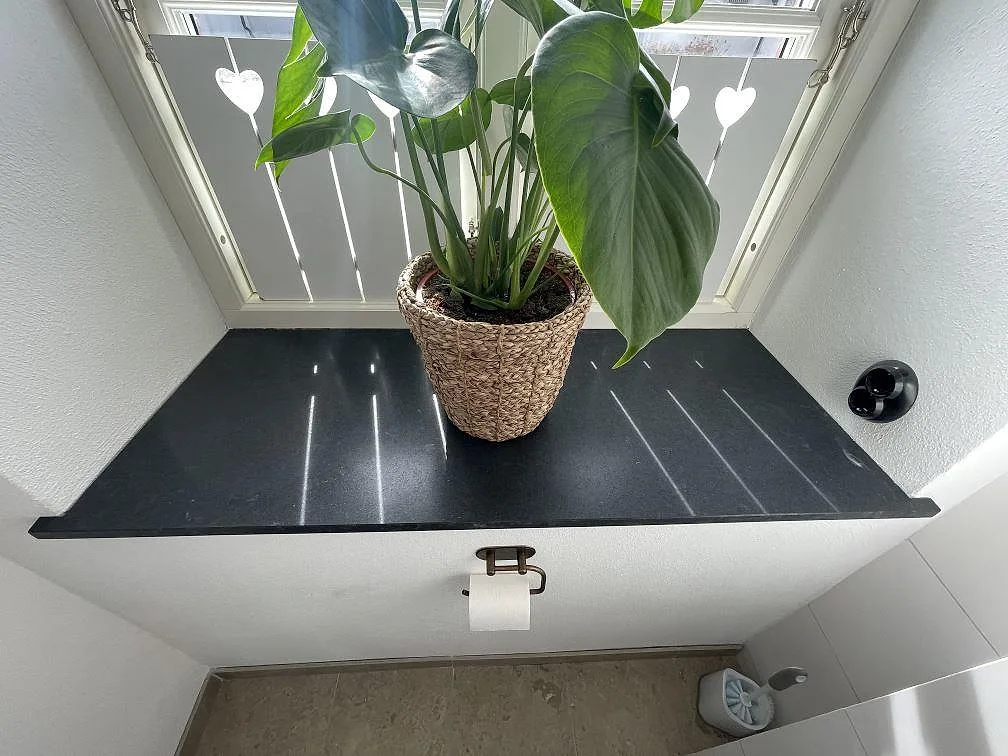 Fönsterbänk i svart Nero Assoluto-granit i ett badrum med krukväxt och fönster i Tygelsjö.