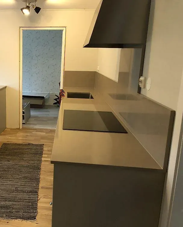 Köksbänkskiva i beige Silestone Coral Clay, polerad, med induktionshäll och köksfläkt i ett kök i Hällingsjö.