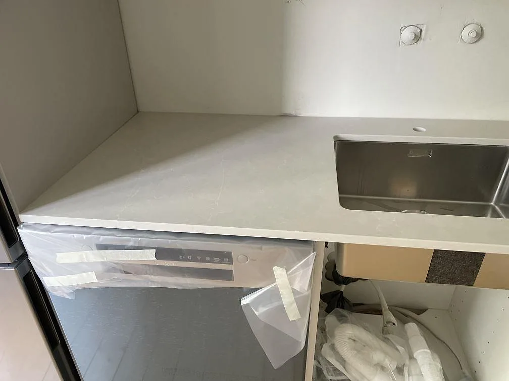 Köksbänkskiva i Silestone Desert Silver, Mocka, med rostfri underlimmad diskho och synlig ådring i Lund.