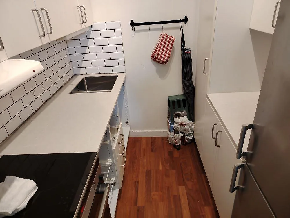 Köksbänkskiva i ljusgrå Silestone Desert Silver, polerad komposit, med underlimmad diskho och häll i ett smalt kök i Stockholm.