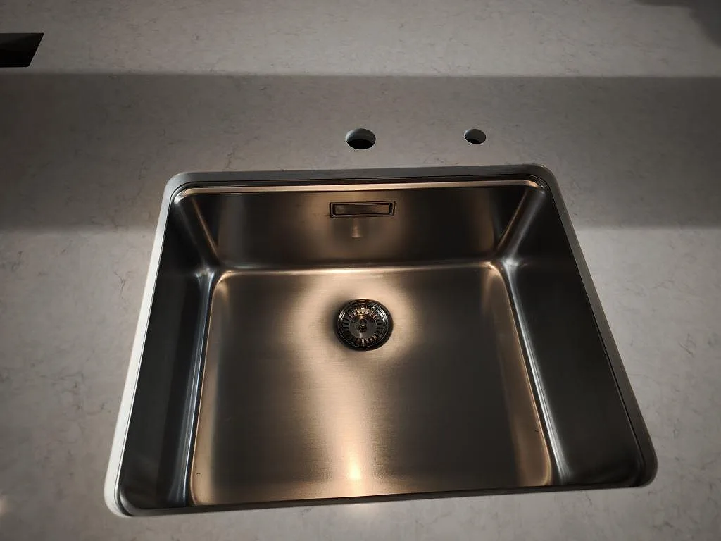Rostfri diskho i vit polerad Silestone Snowy Ibiza komposit med borrade blandarhål i Svedala.