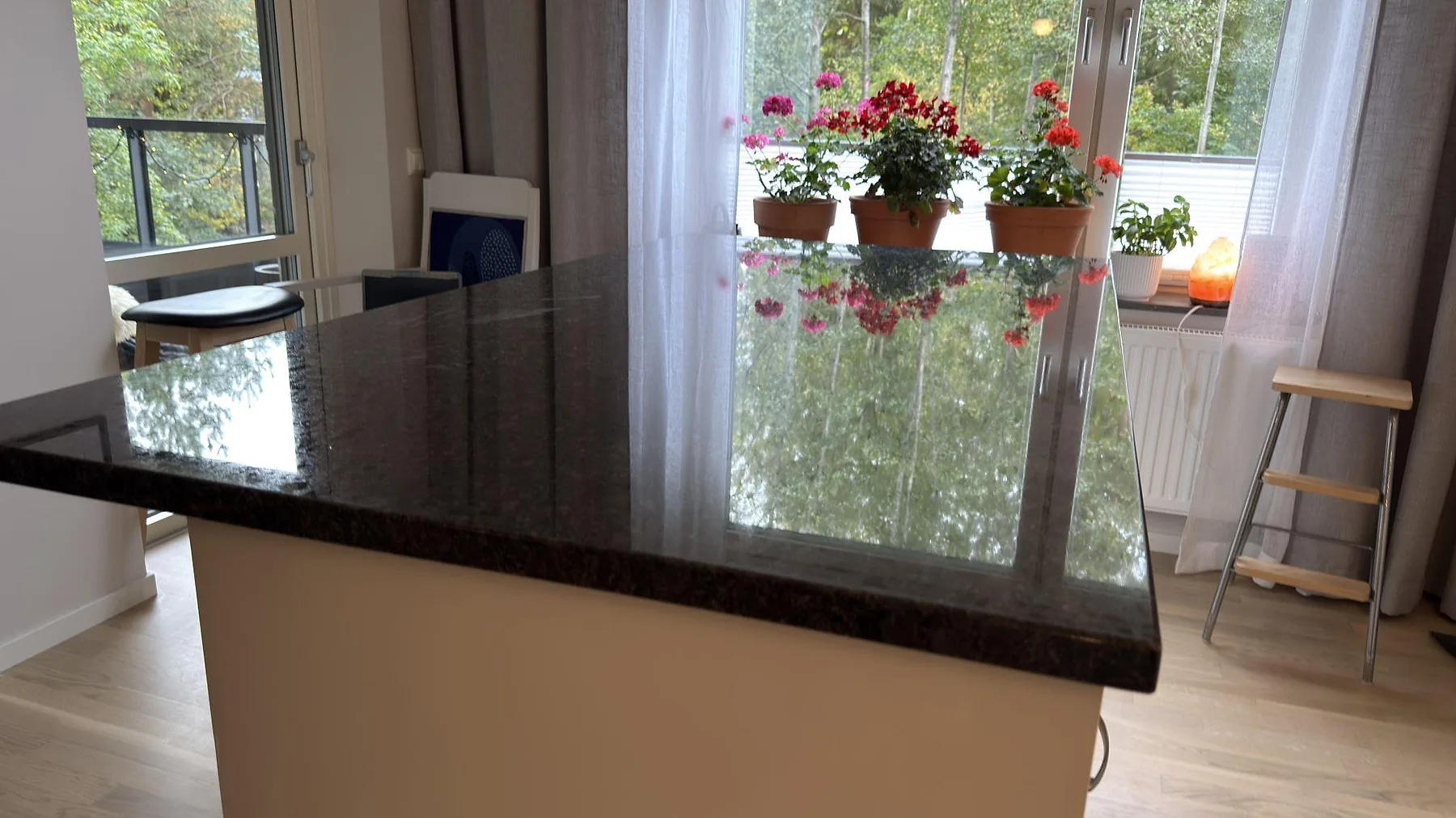 Närbild av polerad köksbänkskiva i Steel Grey granit med speglingar från fönster och växter i Vallentuna.