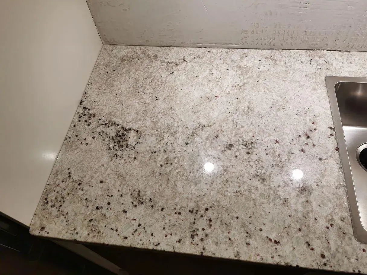Dubbel underlimmad rostfri diskho i nivå med en polerad Colonial White granitbänkskiva i ett kök i Lomma.